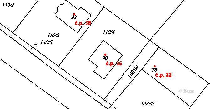 Barchůvek 35, Měník na parcele st. 90 v KÚ Barchůvek, Katastrální mapa