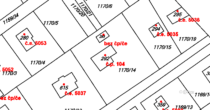 Černé Voděrady 104 na parcele st. 292 v KÚ Černé Voděrady, Katastrální mapa