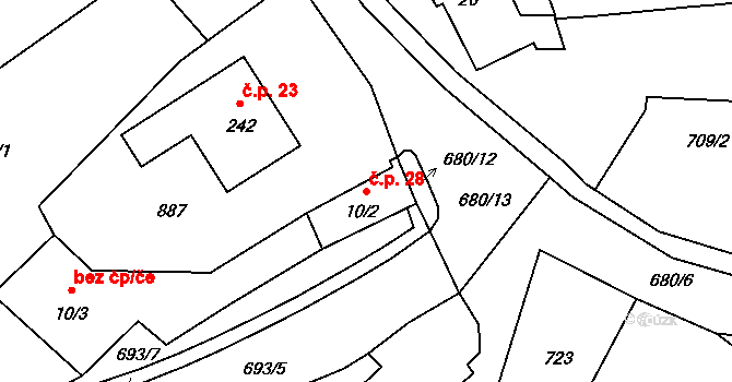 Rodvínov 28 na parcele st. 10/2 v KÚ Rodvínov, Katastrální mapa