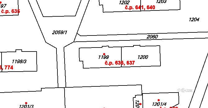 Kbely 636,637, Praha na parcele st. 1199 v KÚ Kbely, Katastrální mapa