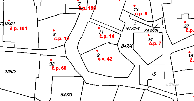 Starý Rožmitál 42, Rožmitál pod Třemšínem na parcele st. 9 v KÚ Starý Rožmitál, Katastrální mapa