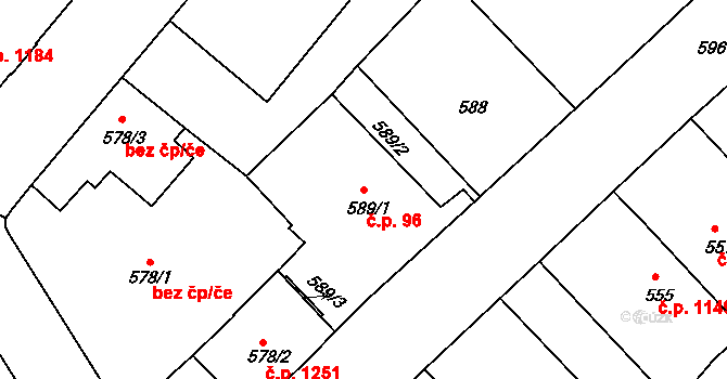 Rumburk 1 96, Rumburk na parcele st. 589/1 v KÚ Rumburk, Katastrální mapa