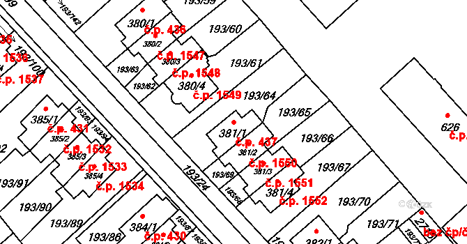 Sezimovo Ústí 437 na parcele st. 381/1 v KÚ Sezimovo Ústí, Katastrální mapa
