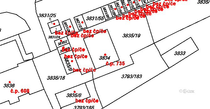 Chomutov 735 na parcele st. 3834 v KÚ Chomutov I, Katastrální mapa
