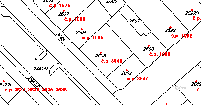 Chomutov 3648 na parcele st. 2603 v KÚ Chomutov I, Katastrální mapa