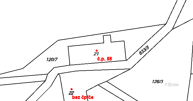 Rašovka 58, Šimonovice na parcele st. 21 v KÚ Rašovka, Katastrální mapa