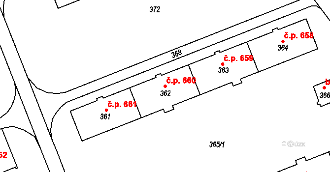 Šumbark 660, Havířov na parcele st. 362 v KÚ Šumbark, Katastrální mapa