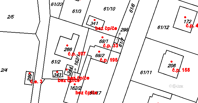 Suchá 195, Havlíčkův Brod na parcele st. 68/2 v KÚ Suchá u Havlíčkova Brodu, Katastrální mapa