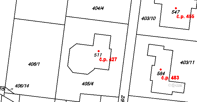 Čechovice 427, Prostějov na parcele st. 511 v KÚ Čechovice u Prostějova, Katastrální mapa