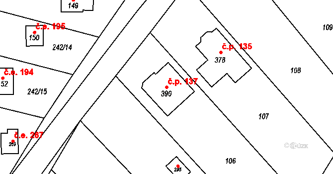 Suchý 137 na parcele st. 390 v KÚ Suchý, Katastrální mapa