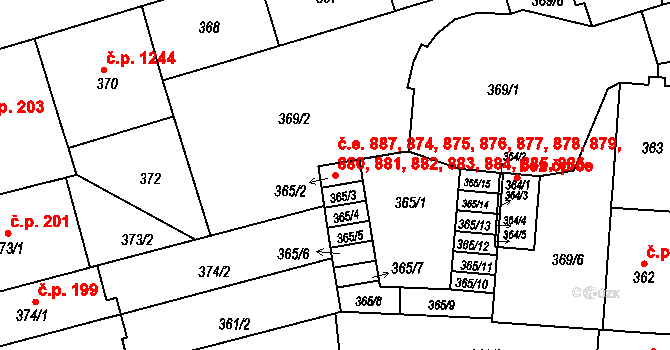 Černá Pole 874,875,876,877,878,, Brno na parcele st. 365/2 v KÚ Černá Pole, Katastrální mapa