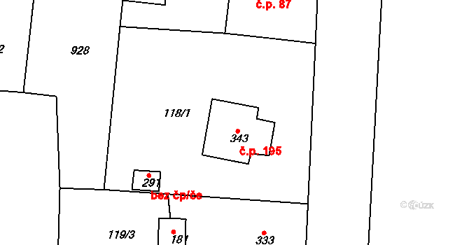 Kyšice 195 na parcele st. 343 v KÚ Kyšice u Plzně, Katastrální mapa