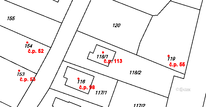 Klečůvka 113, Zlín na parcele st. 118/1 v KÚ Klečůvka, Katastrální mapa