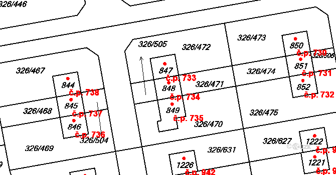 Nehvizdy 734 na parcele st. 848 v KÚ Nehvizdy, Katastrální mapa