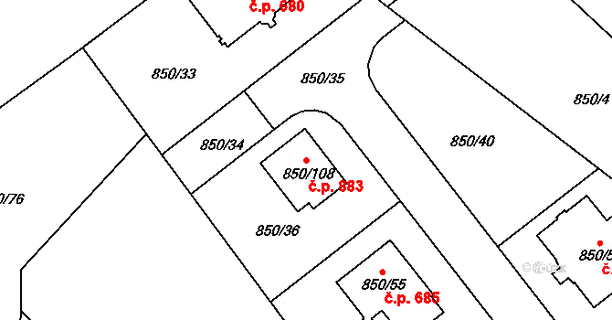 Kolovraty 883, Praha na parcele st. 850/108 v KÚ Kolovraty, Katastrální mapa