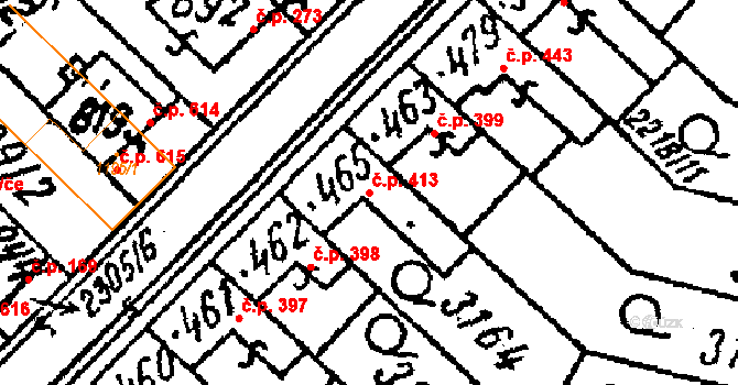 Tvrdonice 413 na parcele st. 465 v KÚ Tvrdonice, Katastrální mapa