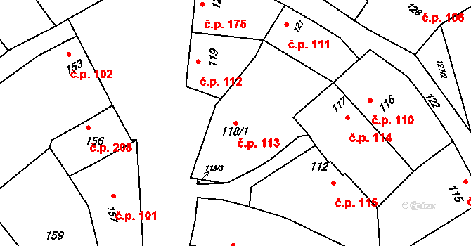 Postoupky 113, Kroměříž na parcele st. 118/1 v KÚ Miňůvky, Katastrální mapa