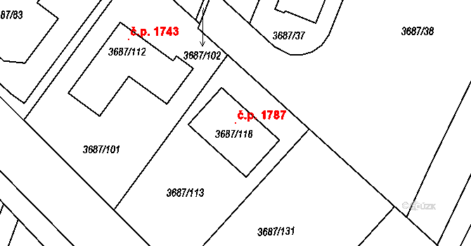 Kunovice 1787 na parcele st. 3687/118 v KÚ Kunovice u Uherského Hradiště, Katastrální mapa