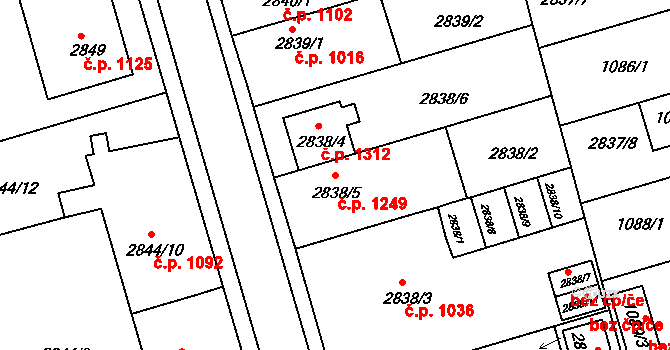 Holešov 1249 na parcele st. 2838/5 v KÚ Holešov, Katastrální mapa