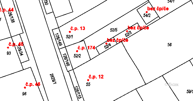 Branišovice 174 na parcele st. 52/2 v KÚ Branišovice, Katastrální mapa