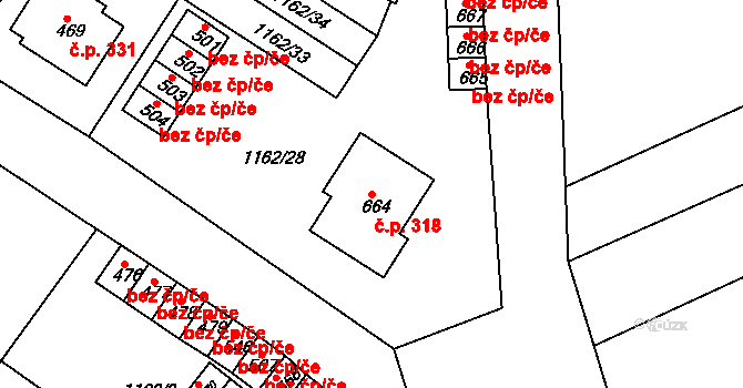Jevišovice 318 na parcele st. 664 v KÚ Jevišovice, Katastrální mapa