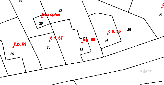 Hluzov 55, Černotín na parcele st. 32 v KÚ Hluzov, Katastrální mapa