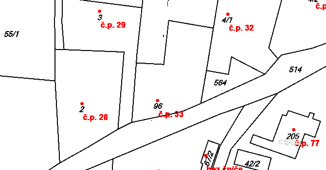 Jizbice 33 na parcele st. 96 v KÚ Jizbice u Nymburka, Katastrální mapa