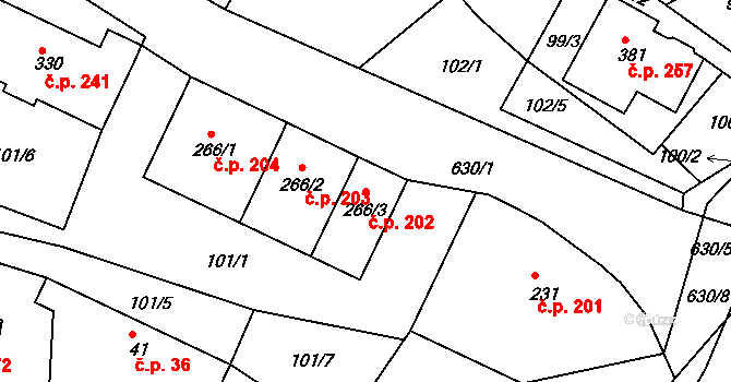 Jenišovice 202 na parcele st. 266/3 v KÚ Jenišovice u Jablonce nad Nisou, Katastrální mapa