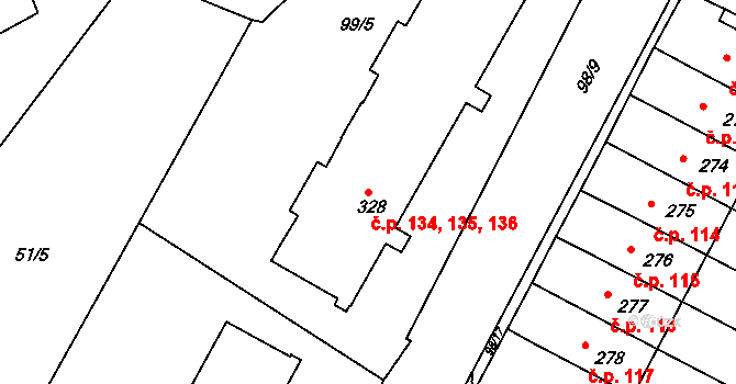 Kostelec 134,135,136 na parcele st. 328 v KÚ Kostelec u Jihlavy, Katastrální mapa