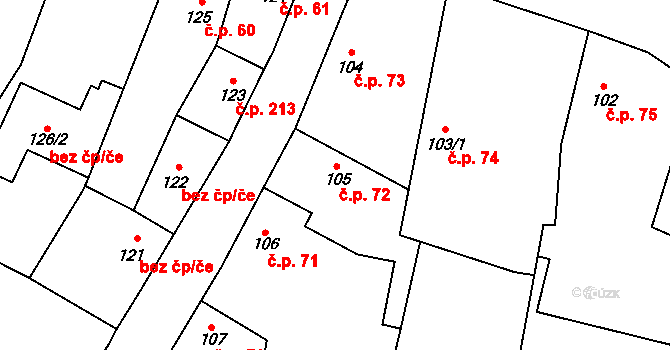 Rožďalovice 72 na parcele st. 105 v KÚ Rožďalovice, Katastrální mapa