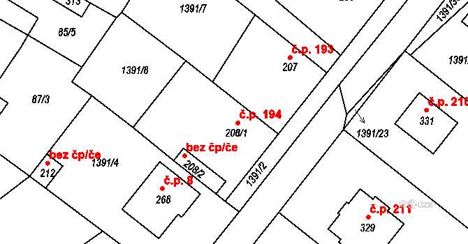 Kochánky 194 na parcele st. 208/1 v KÚ Kochánky, Katastrální mapa