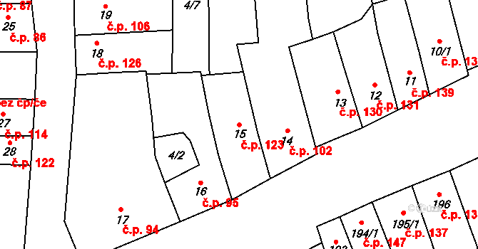 Cerhovice 123 na parcele st. 15 v KÚ Cerhovice, Katastrální mapa