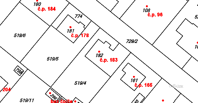 Černožice 183 na parcele st. 182 v KÚ Černožice nad Labem, Katastrální mapa