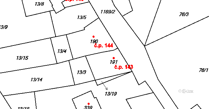 Liběšice 143 na parcele st. 191 v KÚ Liběšice u Litoměřic, Katastrální mapa