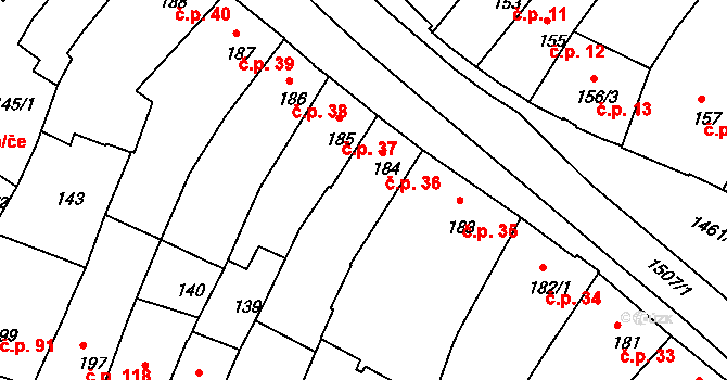 Jejkov 36, Třebíč na parcele st. 184 v KÚ Třebíč, Katastrální mapa