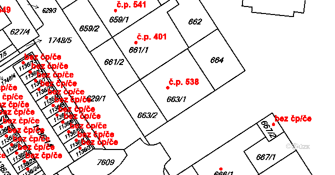 Bystrc 538, Brno na parcele st. 663/1 v KÚ Bystrc, Katastrální mapa