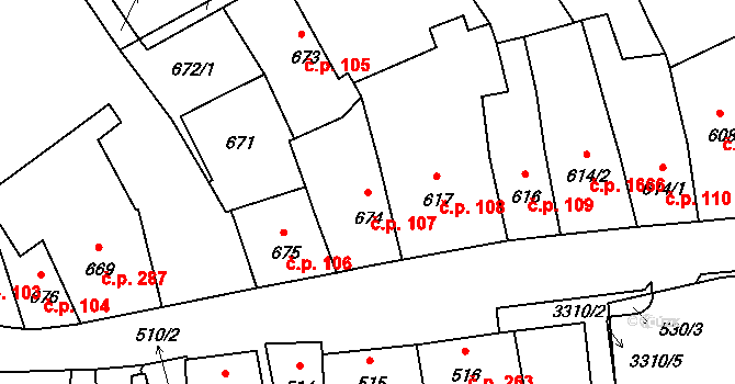 Pelhřimov 107 na parcele st. 674 v KÚ Pelhřimov, Katastrální mapa