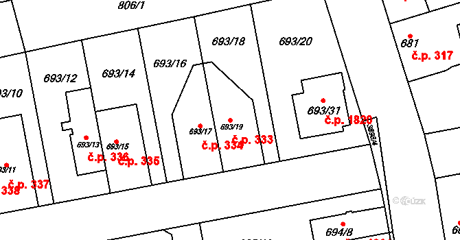 Horní Počernice 333, Praha na parcele st. 693/19 v KÚ Horní Počernice, Katastrální mapa