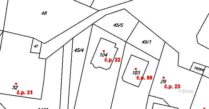 Markvarec 22, Český Rudolec na parcele st. 104 v KÚ Markvarec, Katastrální mapa