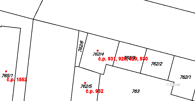 Holešovice 928,929,930,931, Praha na parcele st. 762/4 v KÚ Holešovice, Katastrální mapa