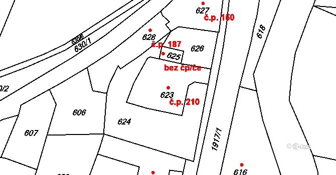 Horní Jasenka 210, Vsetín na parcele st. 623 v KÚ Jasenka, Katastrální mapa