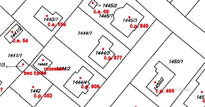 Klánovice 877, Praha na parcele st. 1444/3 v KÚ Klánovice, Katastrální mapa