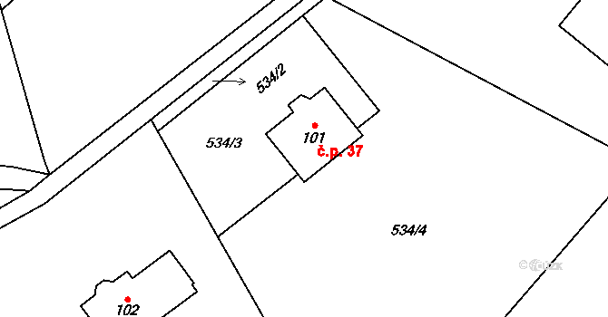 Ždánov 37 na parcele st. 101 v KÚ Ždánov, Katastrální mapa