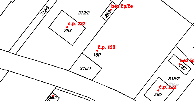 Dalešice 150 na parcele st. 150 v KÚ Dalešice, Katastrální mapa