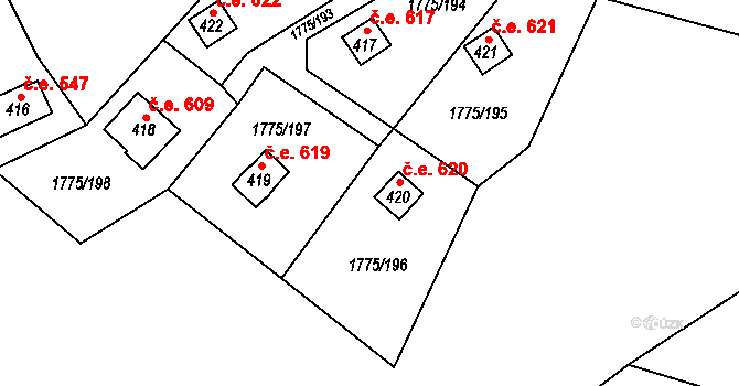 Růžová 620 na parcele st. 420 v KÚ Růžová, Katastrální mapa