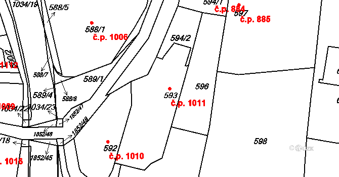 Brumov 1011, Brumov-Bylnice na parcele st. 593 v KÚ Brumov, Katastrální mapa