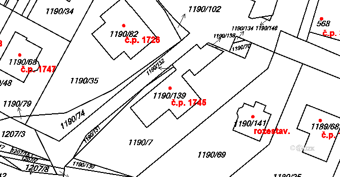 Hostivice 1745 na parcele st. 1190/139 v KÚ Hostivice, Katastrální mapa