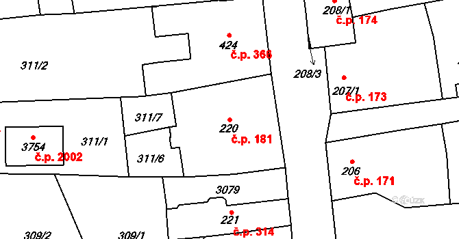 Choceň 181 na parcele st. 220 v KÚ Choceň, Katastrální mapa