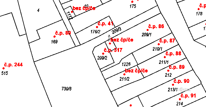 Broumov 317 na parcele st. 209/2 v KÚ Broumov, Katastrální mapa