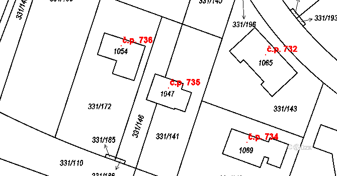 Hýskov 735 na parcele st. 1047 v KÚ Hýskov, Katastrální mapa
